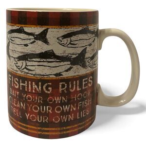 Fishing Mug Ceramic 16 oz Buffalo Plaid Rustic Cabin Decor Gift Outdoorsman 🎣